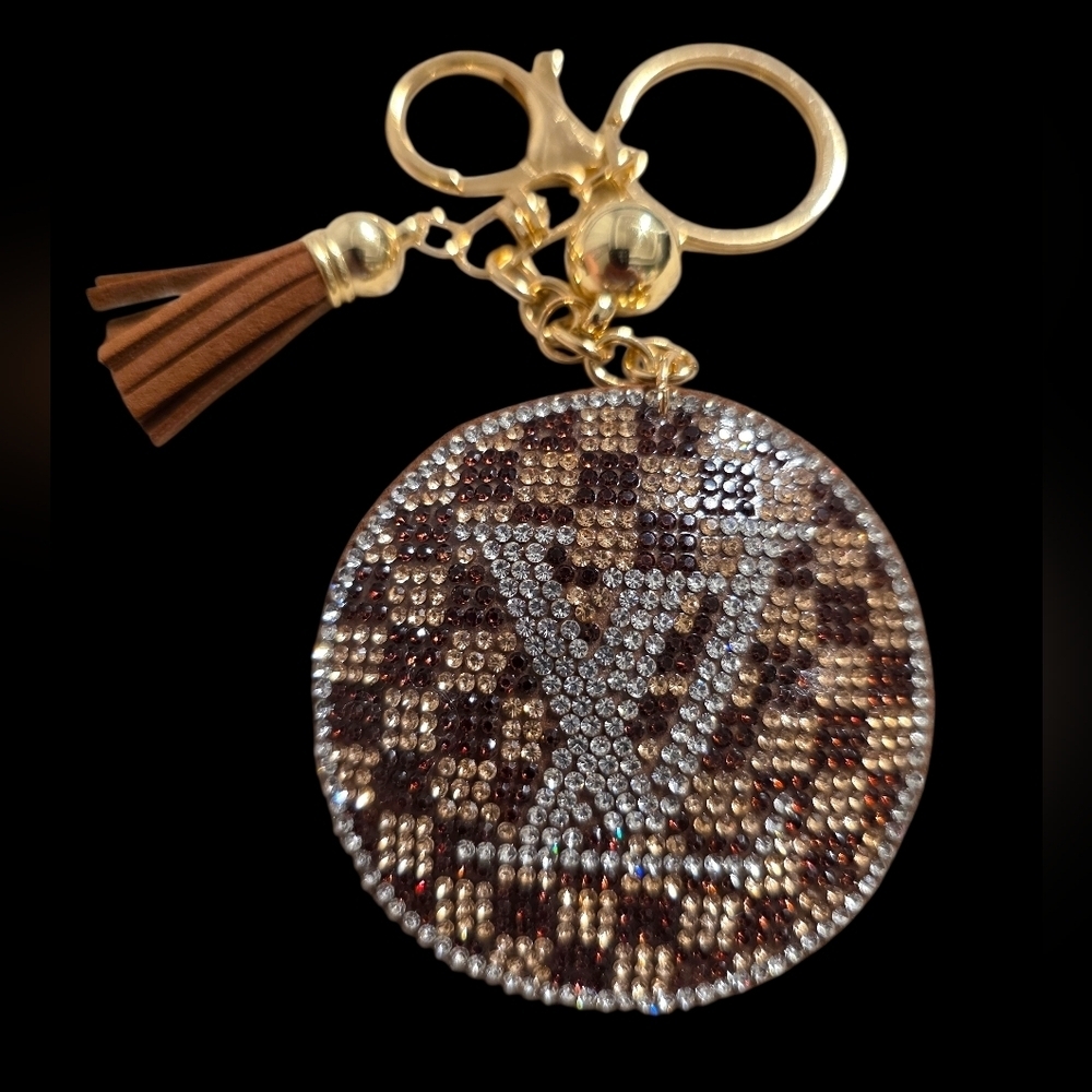 Checkered Brown LV Rhinestone Embellished Key Bag Charm Keychain